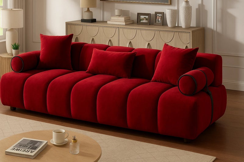 Habil 3-Seater Sofa – Deep Cushioned Seating, Rolled Arms, Wooden Frame, Red Living Room Couch
